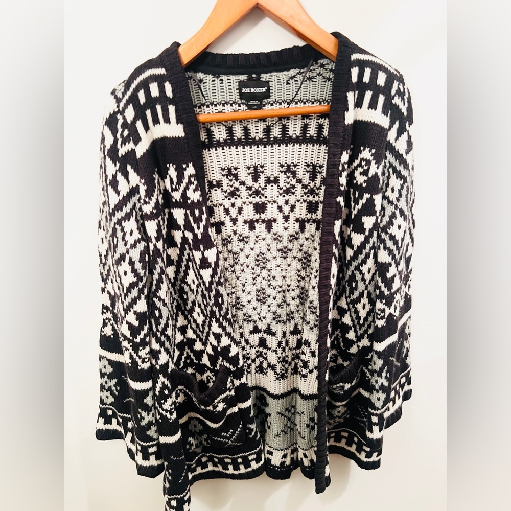 Joe Boxer Black & White Geometric Knit Oversized Open Front Cardigan Size L